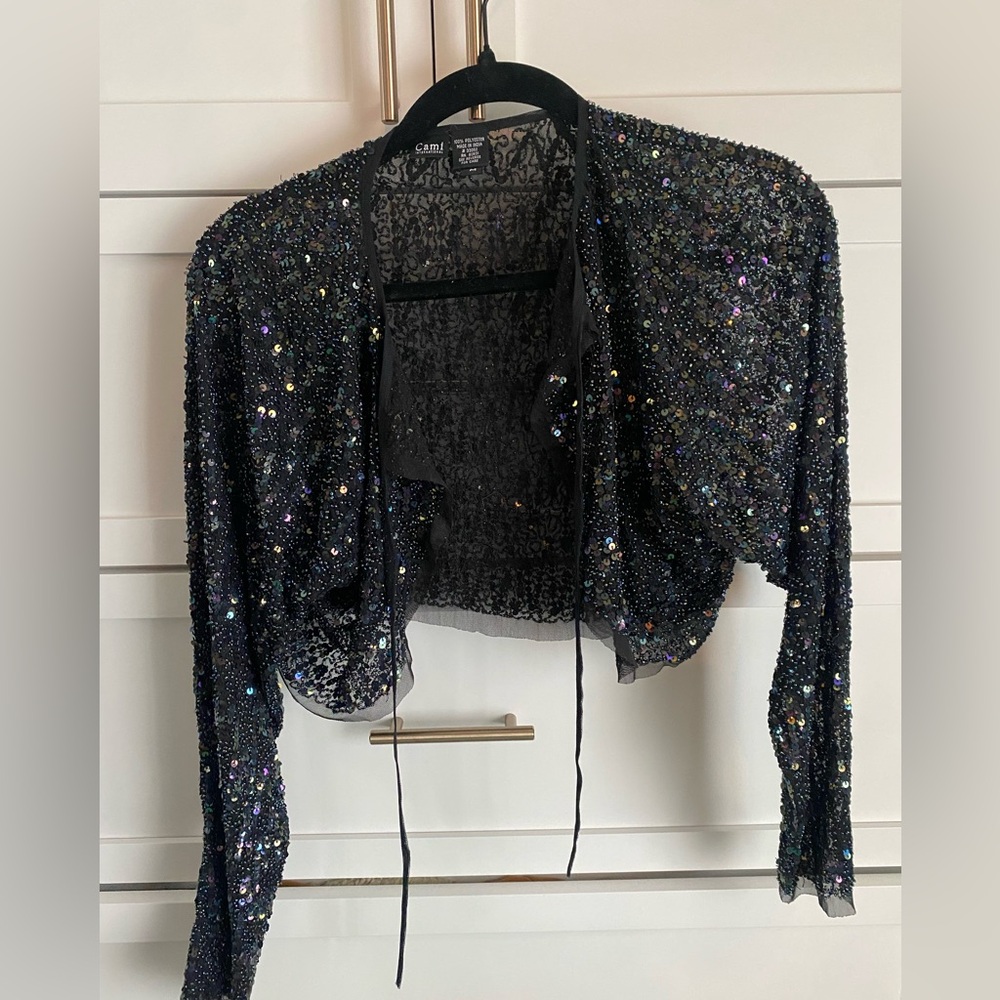 Beaded sequin shrug; Cami International